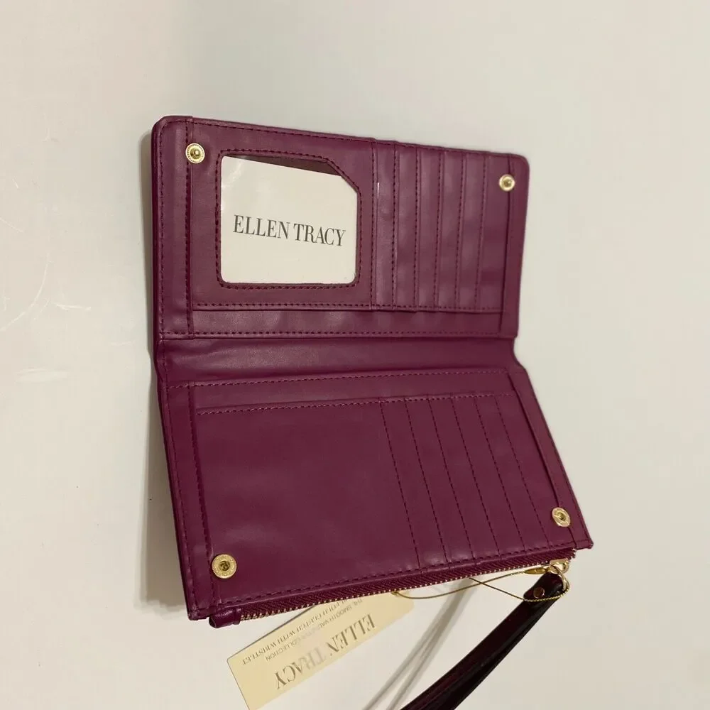 ELLEN TRACY‎ Smooth Vachetta Zippered Bi Fold Wristlet Wallet  Raspberry NWT